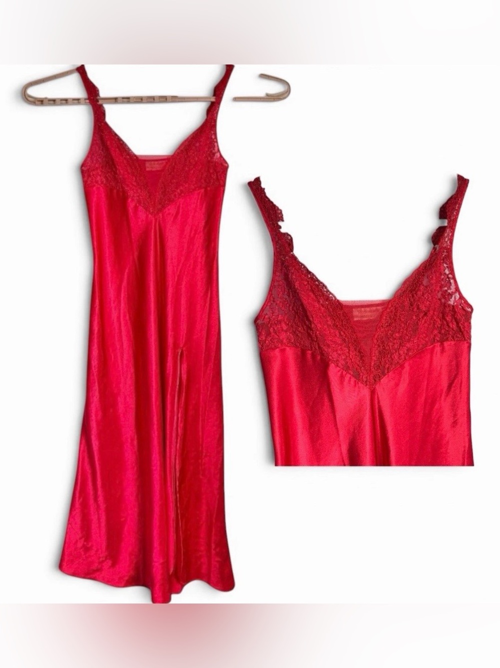 VTG Victoria’s Secret Red Satin Lace Chemise Nightgown Slip Dress Side Slit READ